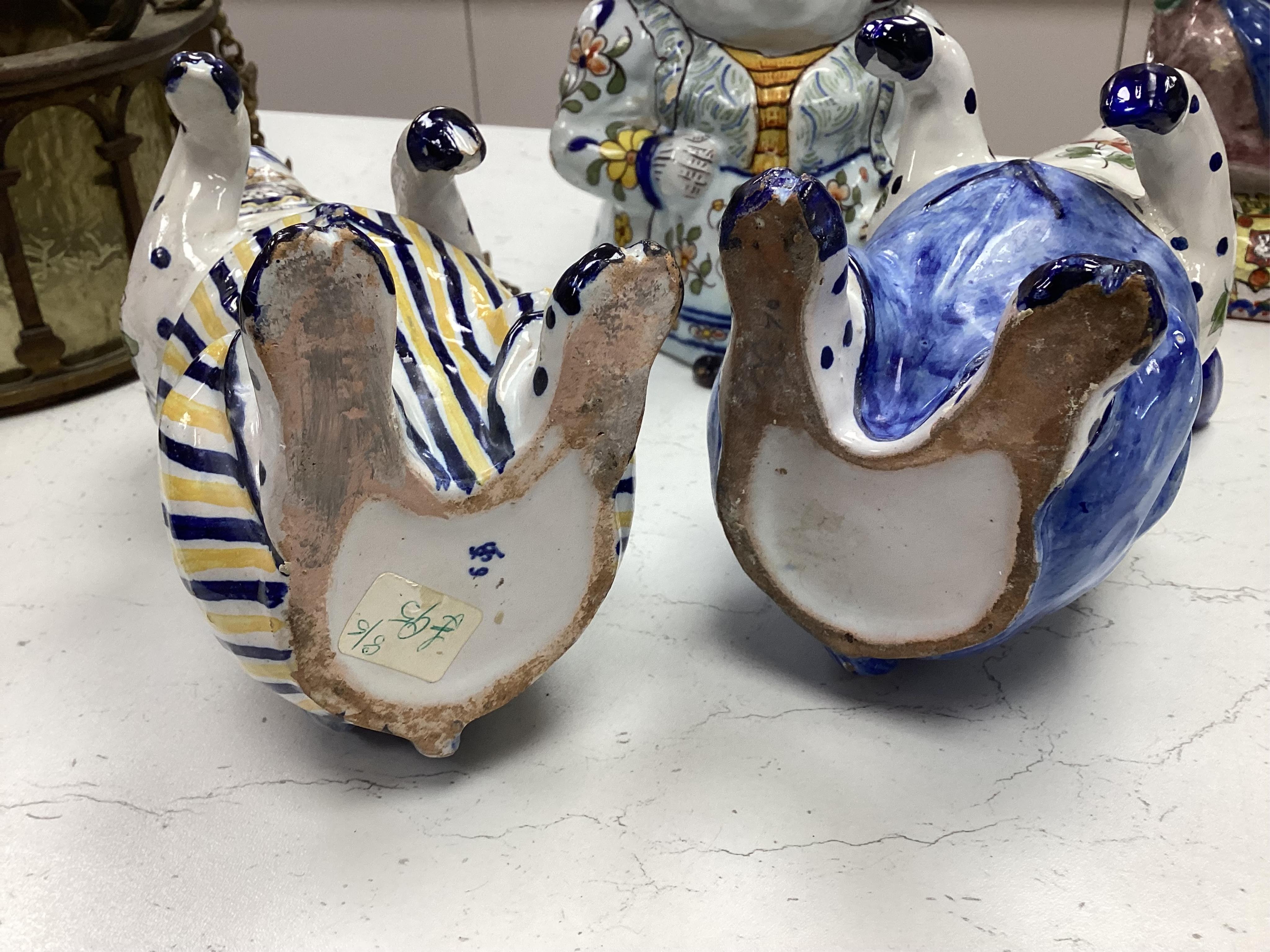 A group of five pieces of French tin glazed pottery, tallest 32cm